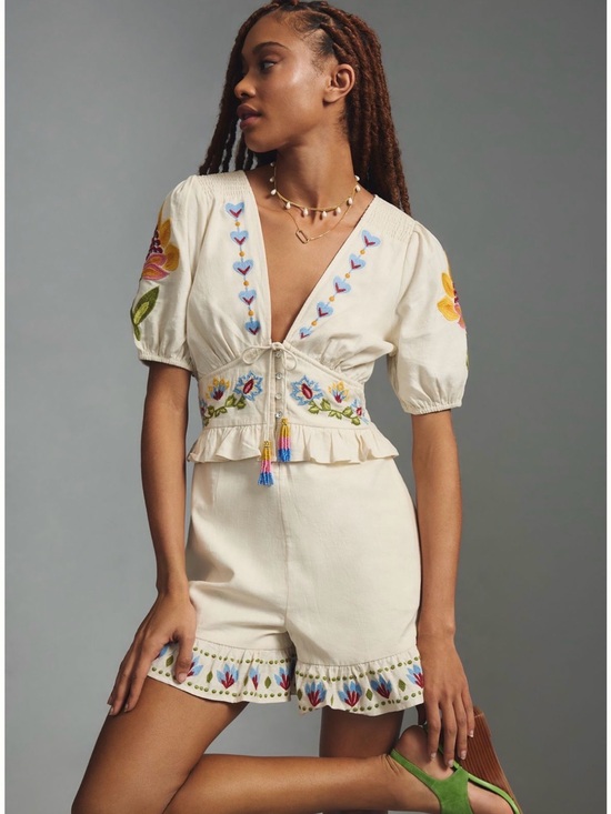 FARM Rio Pants - Farm Rio Summer Garden Cream Embroidered Flutter Sleeve Romper
